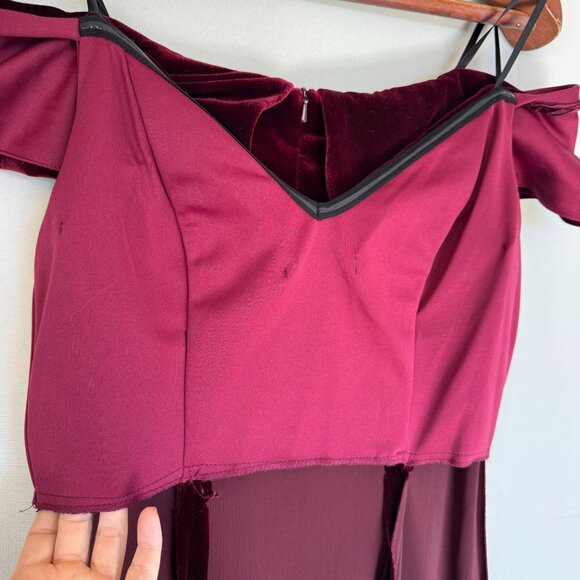 XSCAPE Burgundy Stretch Velvet Bardot Sweetheart Neck Formal Maxi Dress Size 14 - Picture 12 of 16